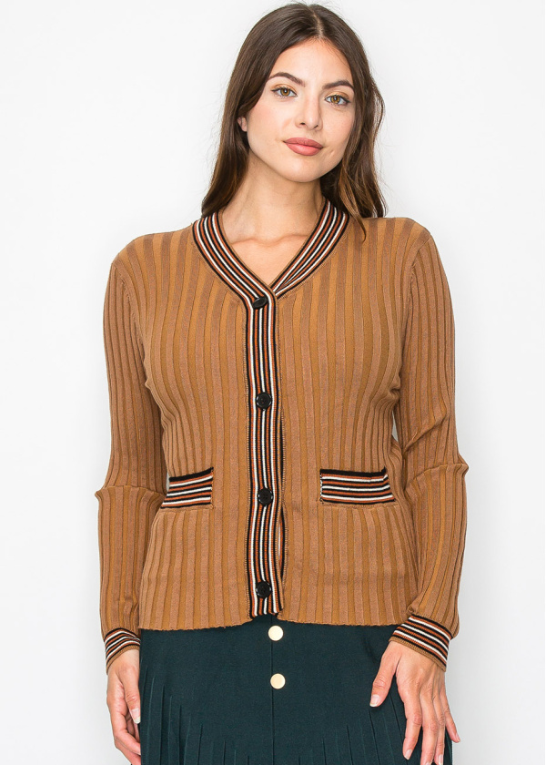 Ribbed Camel Cardigan with Striped Details