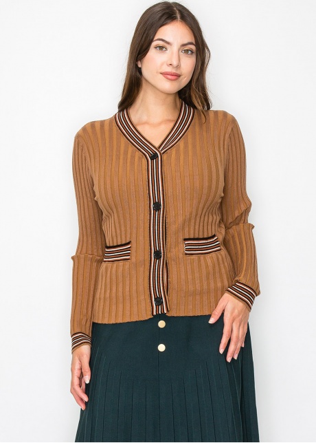 Ribbed Camel Cardigan with Striped Details