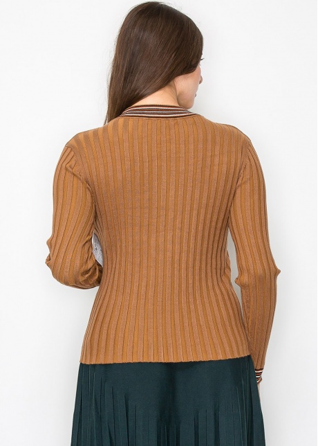 Ribbed Camel Cardigan with Striped Details