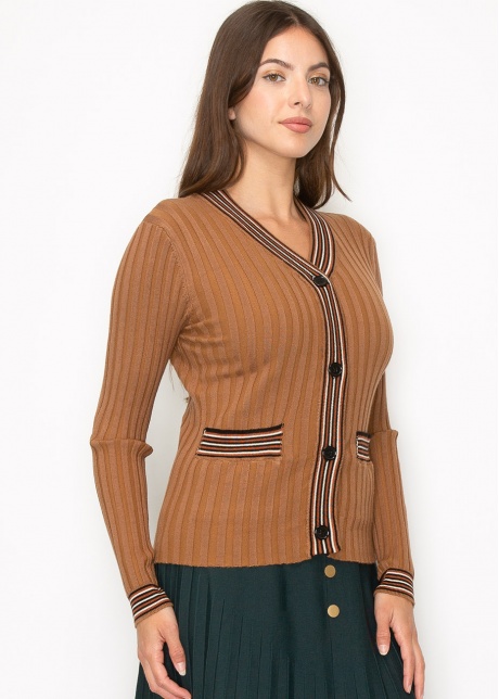 Ribbed Camel Cardigan with Striped Details
