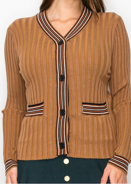 Ribbed Camel Cardigan with Striped Details