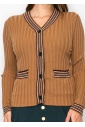 Ribbed Camel Cardigan with Striped Details