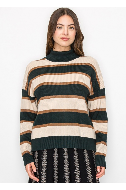 Forest Green Striped Turtleneck Sweater