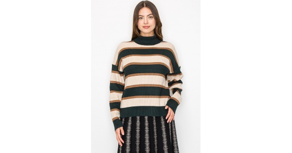 Forest Green Striped Turtleneck Sweater | Modest Women