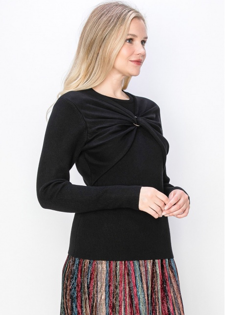 Black Ribbed Sweater with Front Twist