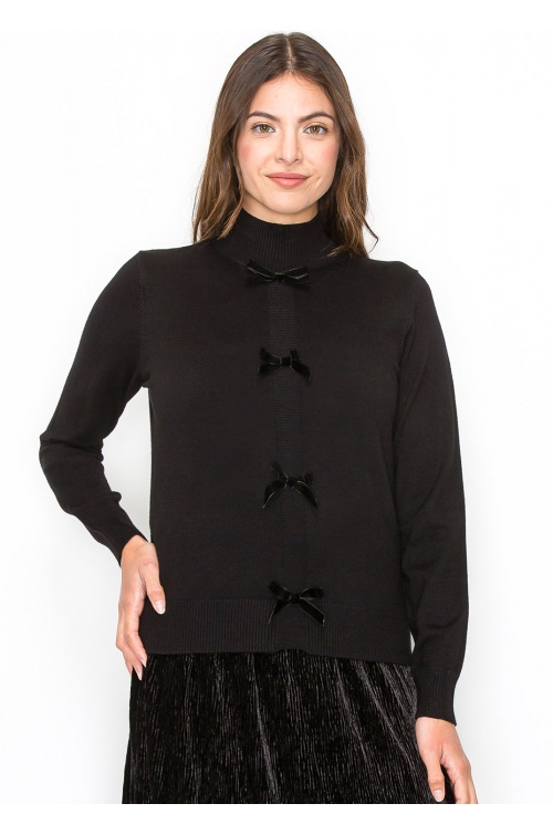 Bow-Accented Black Knit Sweater