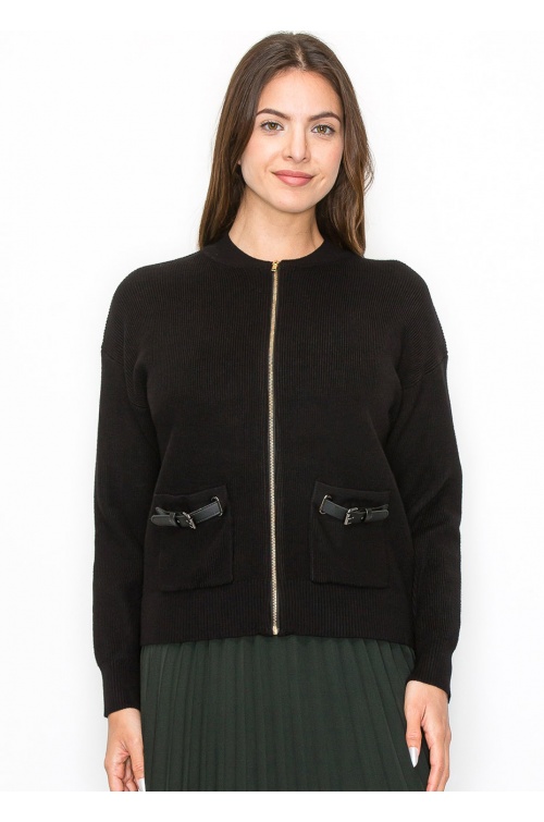 Black Zip Cardigan with Pocket Detail