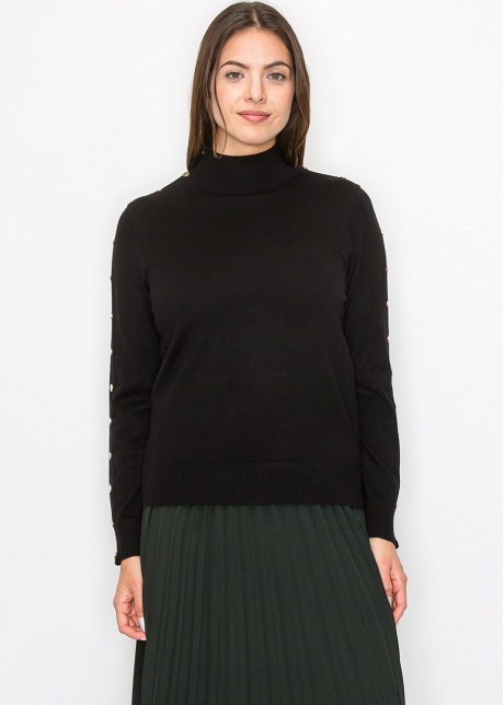 Black Buttoned Sleeve Mock Neck Top