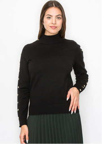 Black Buttoned Sleeve Mock Neck Top