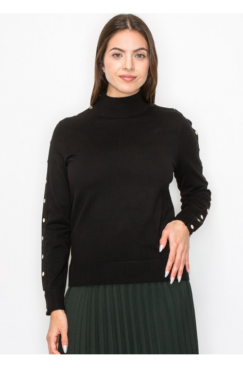 Black Buttoned Sleeve Mock Neck Top