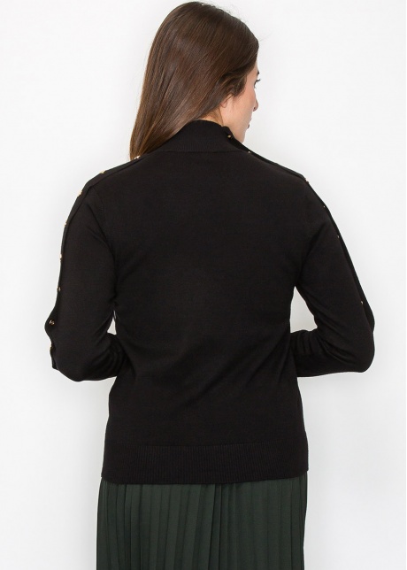 Black Buttoned Sleeve Mock Neck Top