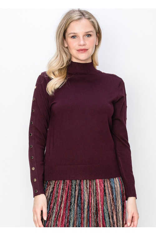 Burgundy Mock Neck Sweater with Buttoned Sleeves