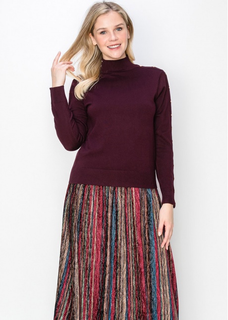 Burgundy Mock Neck Sweater with Buttoned Sleeves