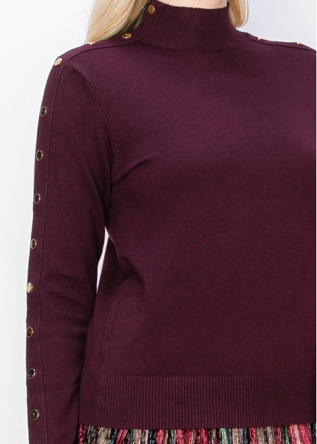 Burgundy Mock Neck Sweater with Buttoned Sleeves