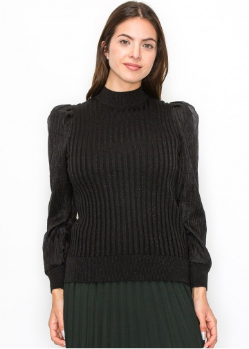 Black Ribbed Sweater with Puff Sleeves | Modest Women