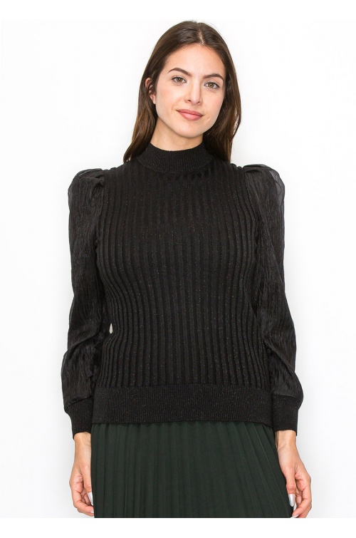 Black Ribbed Sweater with Puff Sleeves