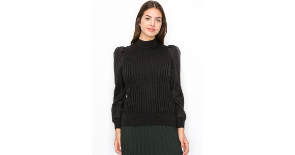 Black Ribbed Sweater with Puff Sleeves | Modest Women