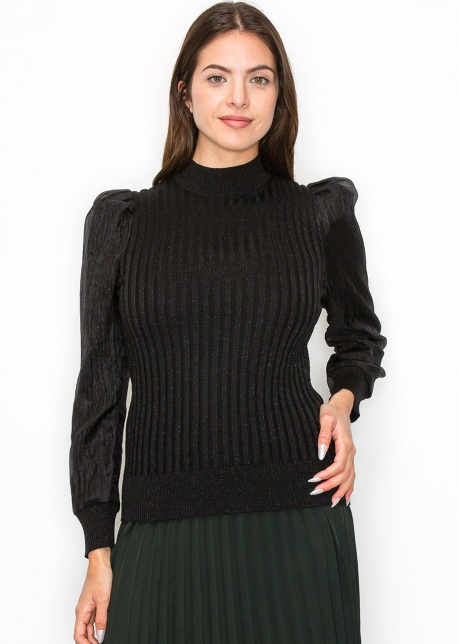 Black Ribbed Sweater with Puff Sleeves
