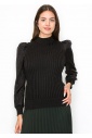 Black Ribbed Sweater with Puff Sleeves