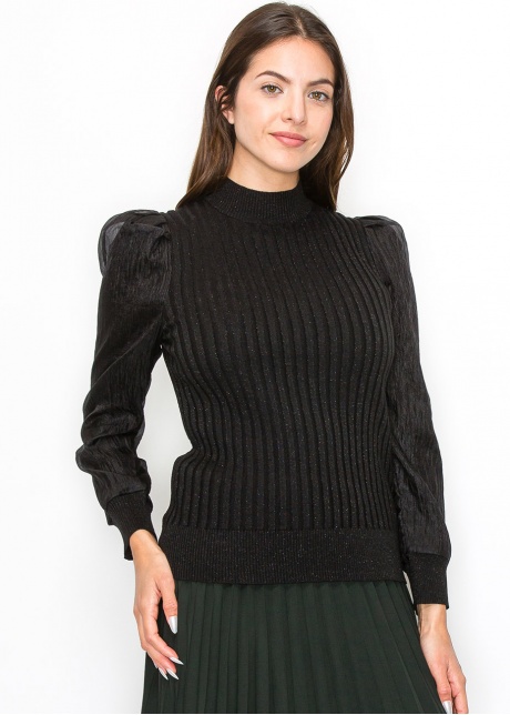 Black Ribbed Sweater with Puff Sleeves