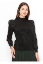 Black Ribbed Sweater with Puff Sleeves