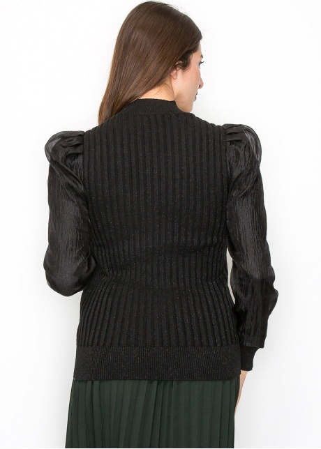 Black Ribbed Sweater with Puff Sleeves