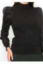 Black Ribbed Sweater with Puff Sleeves