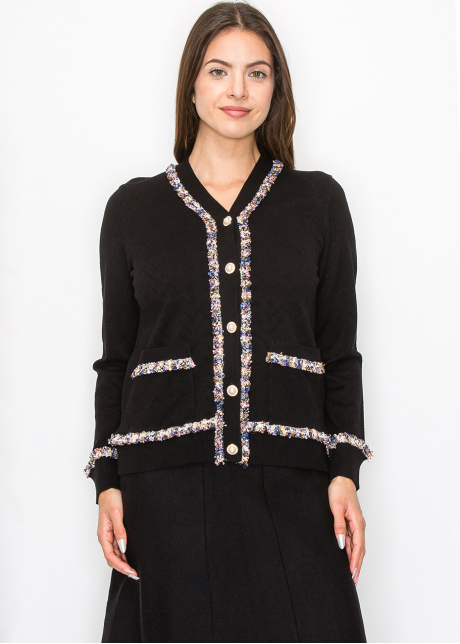 Textured Black Cardigan with Multi-Color Trim