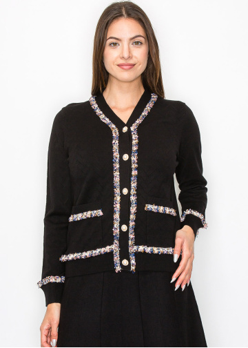 Textured Black Cardigan with Multi-Color Trim