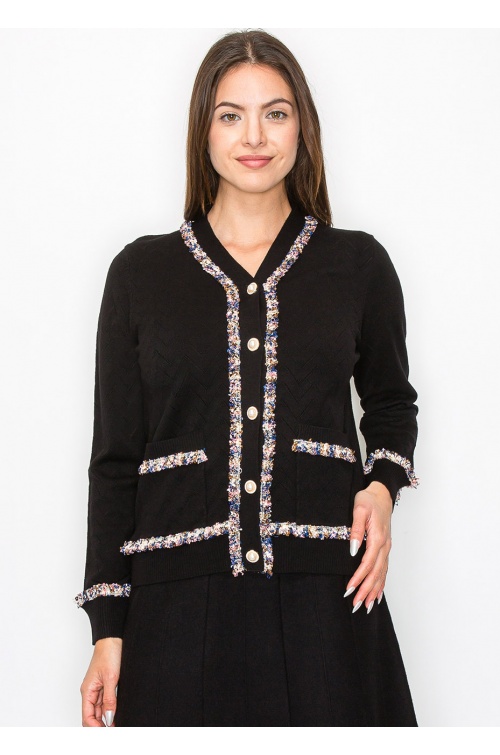 Textured Black Cardigan with Multi-Color Trim