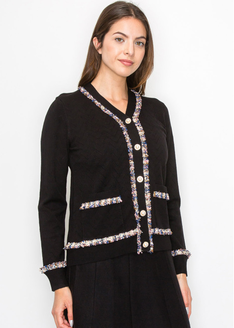 Textured Black Cardigan with Multi-Color Trim