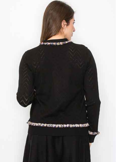 Textured Black Cardigan with Multi-Color Trim