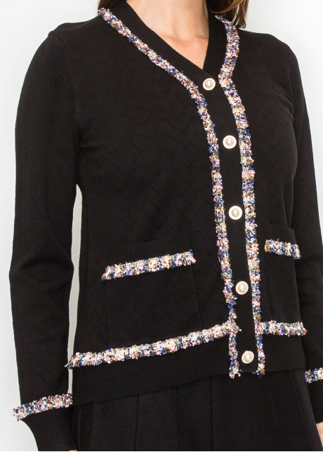 Textured Black Cardigan with Multi-Color Trim