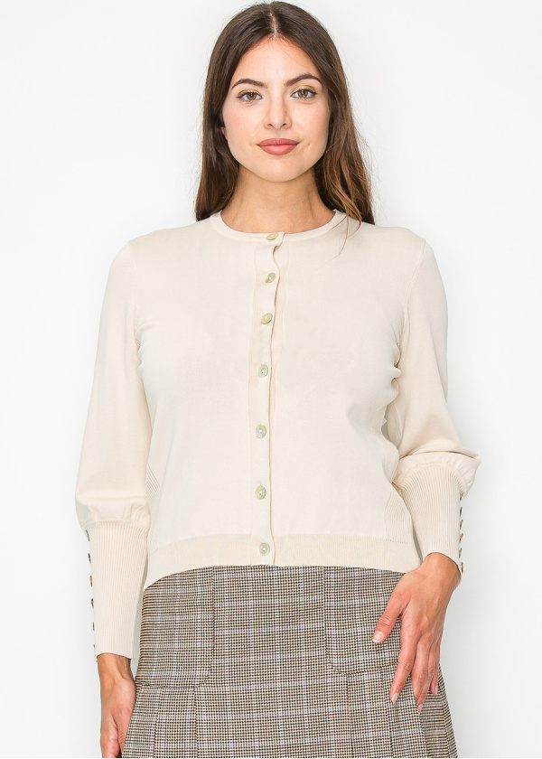 Cream Buttoned Sleeve Knit Cardigan