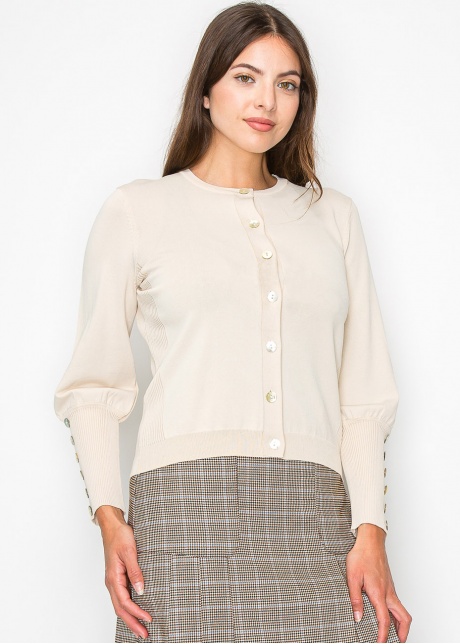 Cream Buttoned Sleeve Knit Cardigan