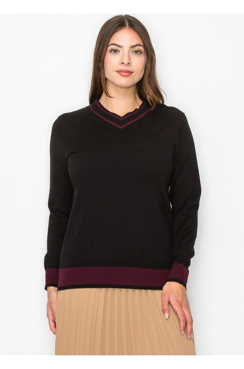 Black Knit Sweater with Burgundy Trim