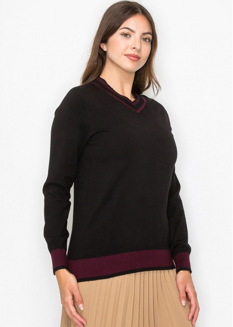Black Knit Sweater with Burgundy Trim