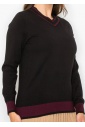 Black Knit Sweater with Burgundy Trim