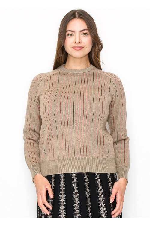 Beige Sweater with Subtle Pink Stripes