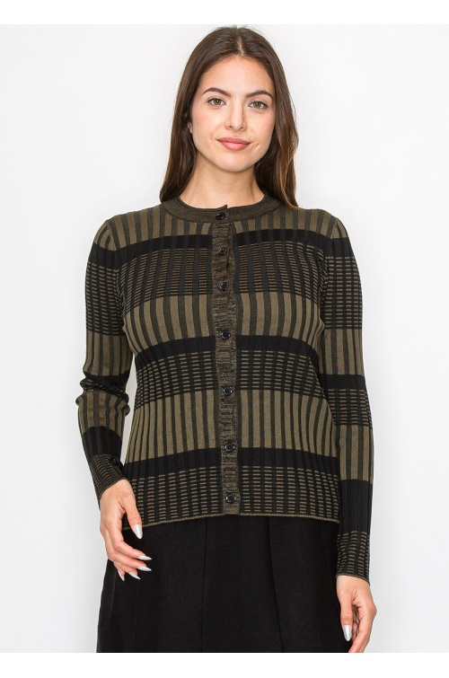 Olive and Black Buttoned Ribbed Cardigan