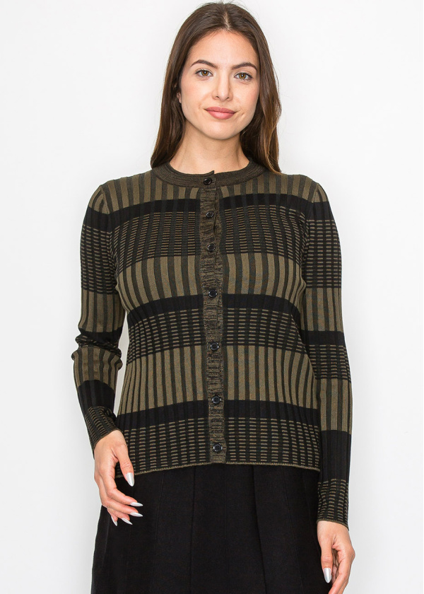 Olive and Black Buttoned Ribbed Cardigan