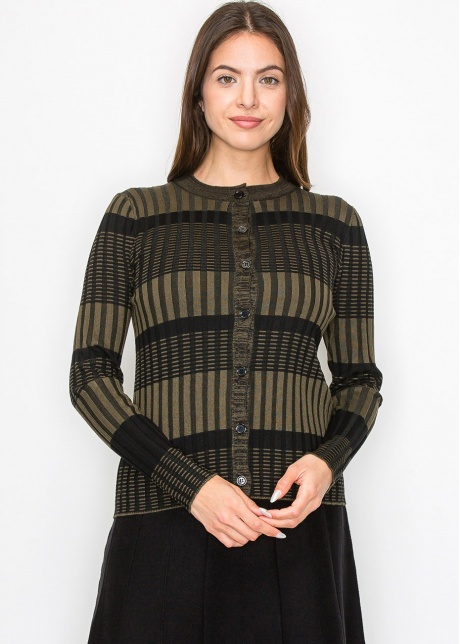 Olive and Black Buttoned Ribbed Cardigan