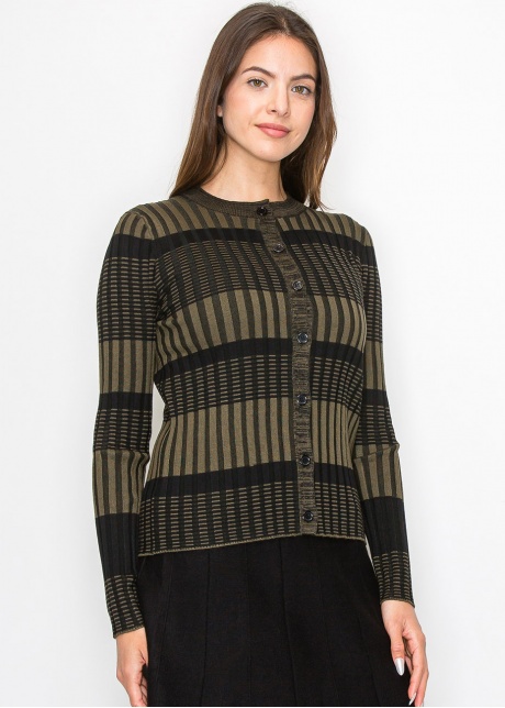 Olive and Black Buttoned Ribbed Cardigan