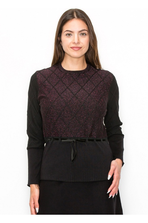 Diamond Sparkle Knit Pullover with Tie Waist