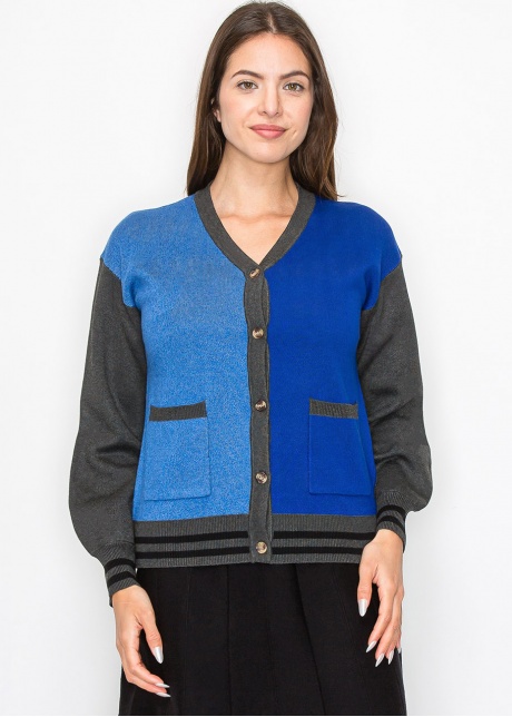 Blue and Grey Color-Block Cardigan