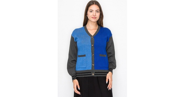 前田公輝GM Comversion Cardigan (ShadeBlue) Blue and Grey Color-Block Cardigan | Modest Women Clothing