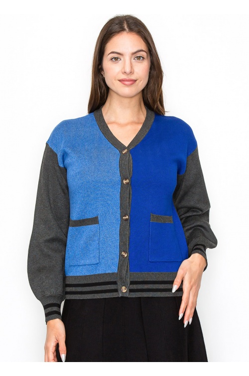 Blue and Grey Color-Block Cardigan