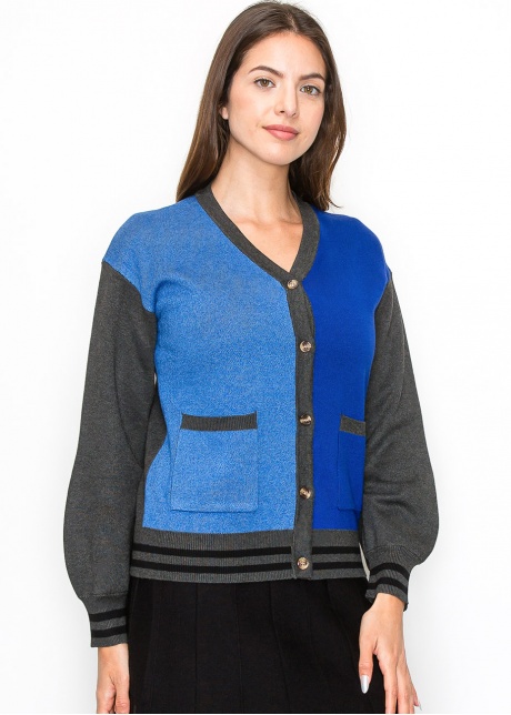 Blue and Grey Color-Block Cardigan