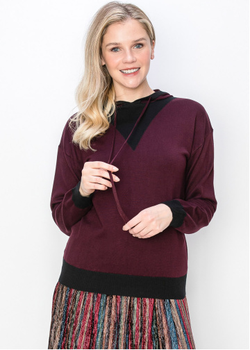 Burgundy Knit Hoodie with Black Accent