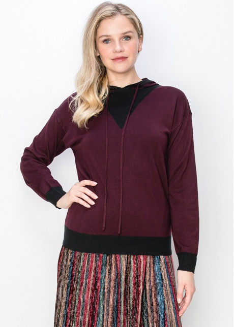 Burgundy Knit Hoodie with Black Accent